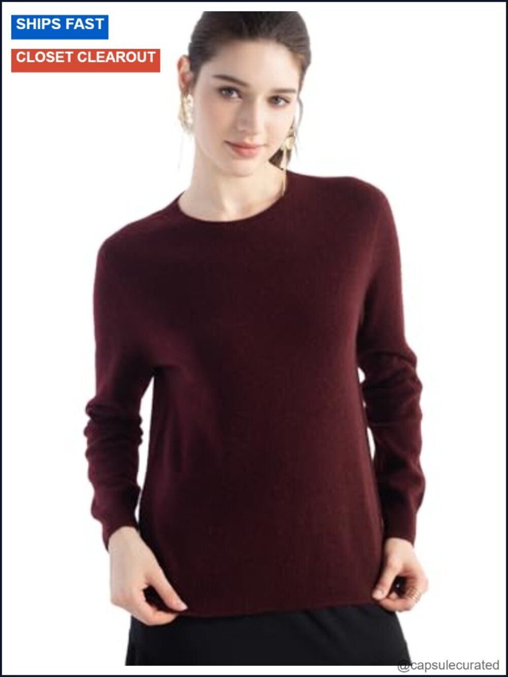 100% Pure Cashmere Crew Neck Long Sleeve Pullover Sweater, Seamless Knit,